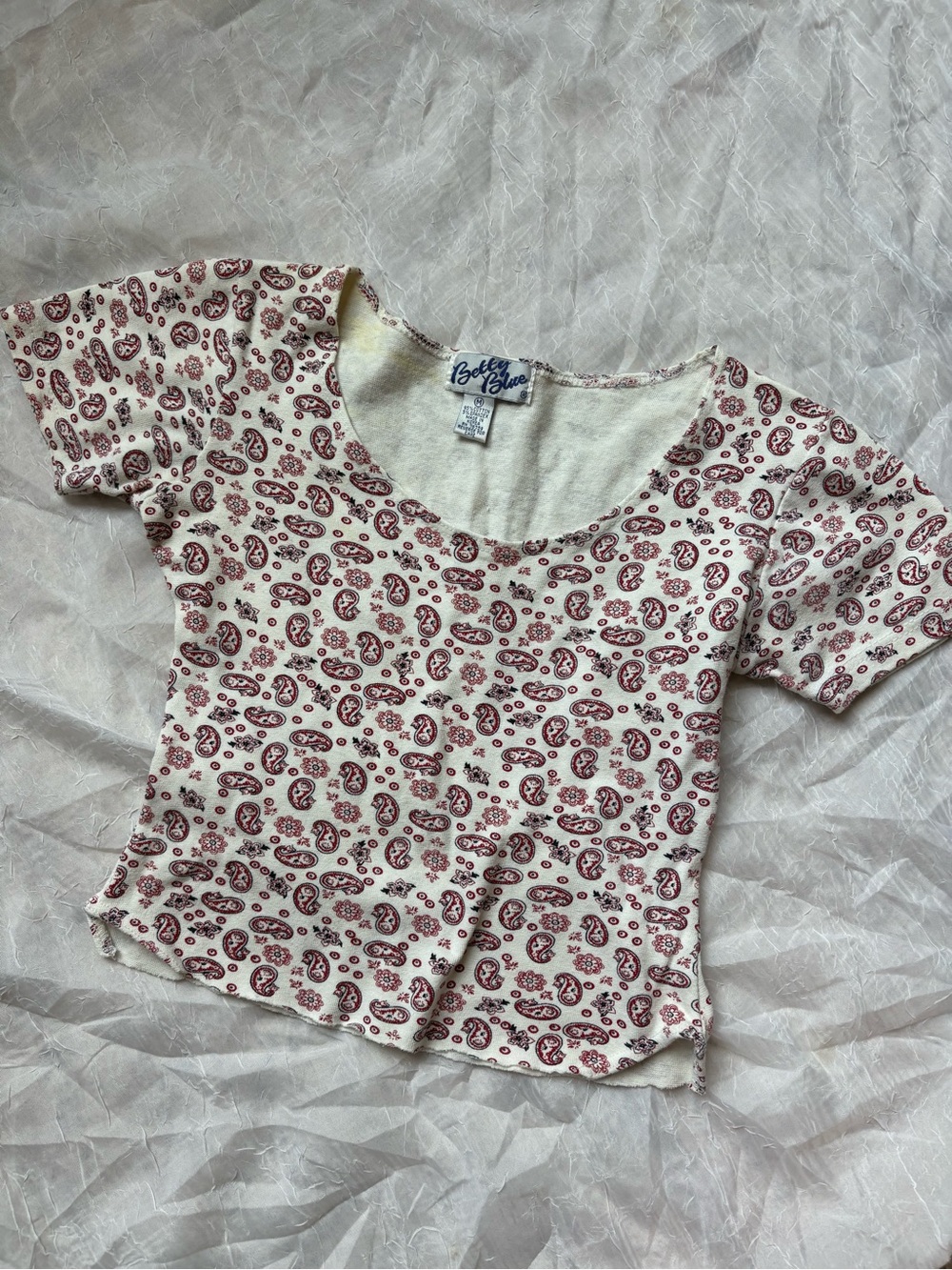 Betty Boop Cream Short Sleeve Scoop Top with Red Paisley Print